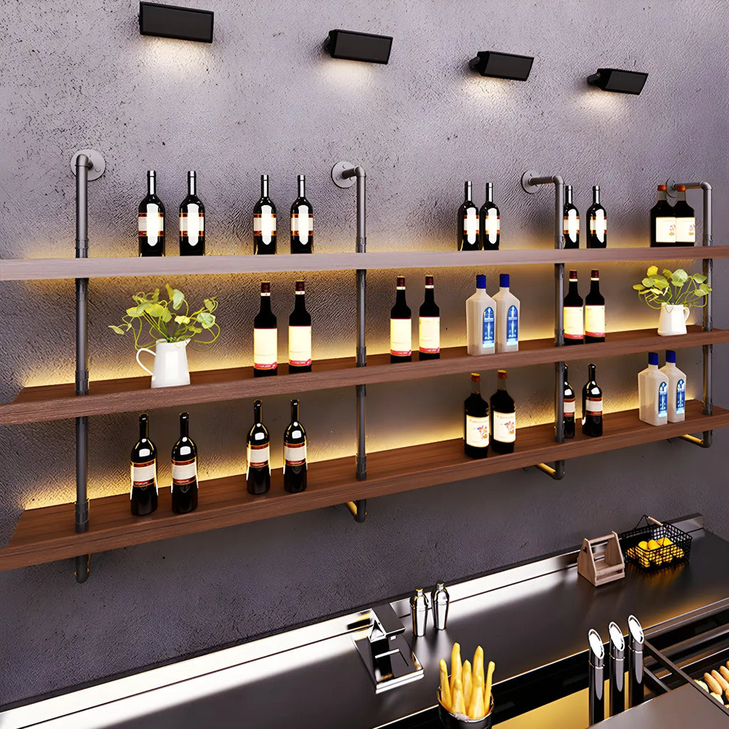 Brown Pine Wood Wall-Mounted Wine Rack with Light