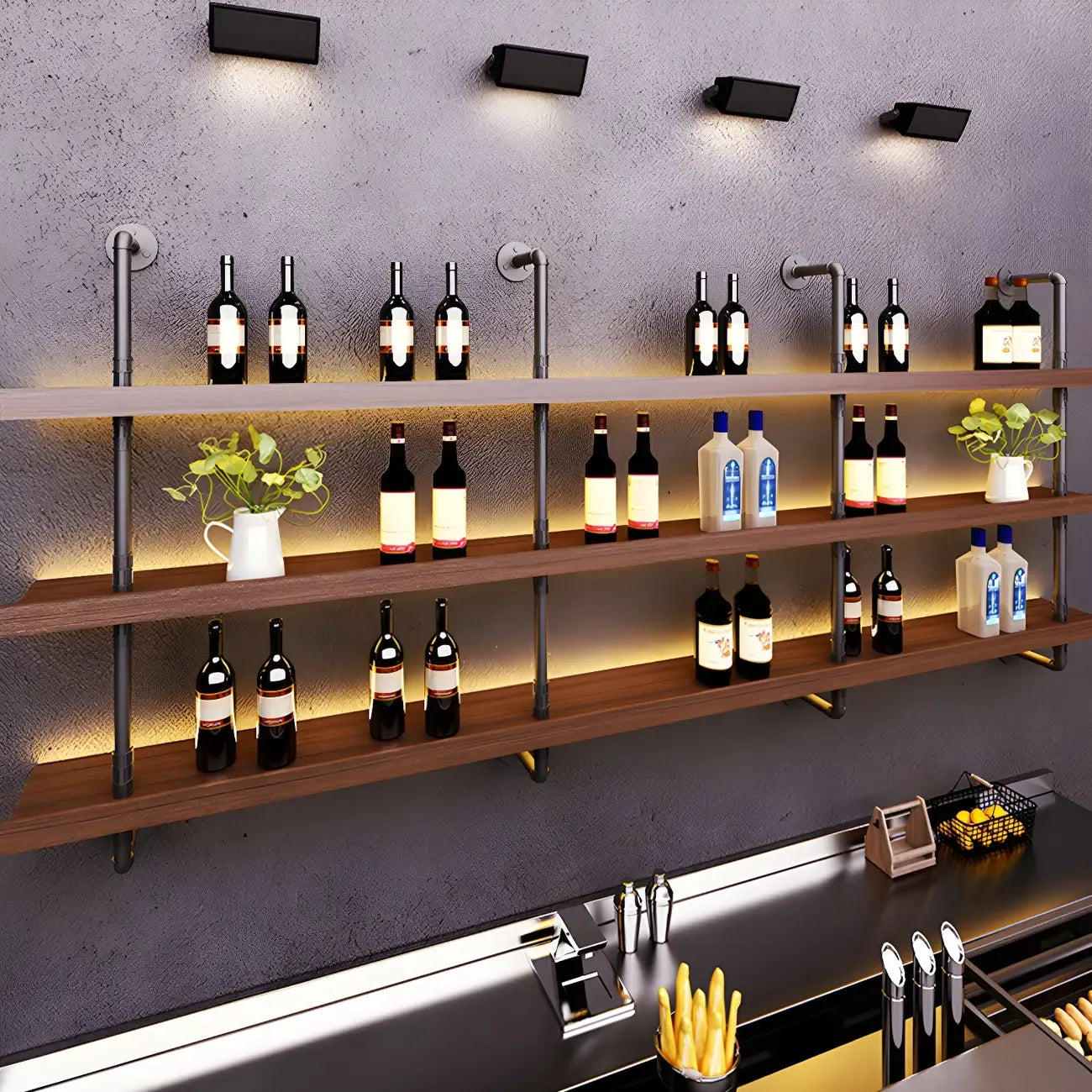 Brown Pine Wood Wall-Mounted Wine Rack with Light