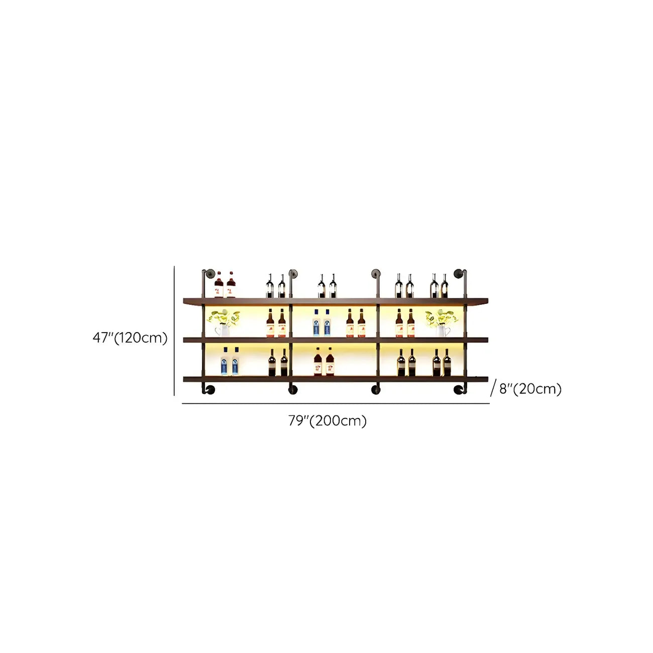 Brown Pine Wood Wall-Mounted Wine Rack with Light