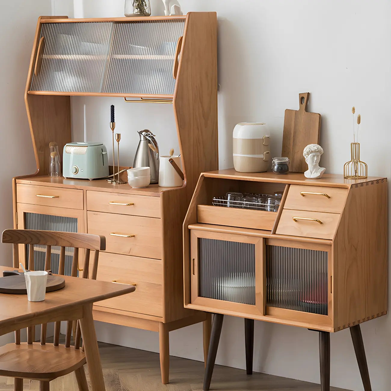 Cherry Wood Open Storage Kitchen Hutch Cabinet