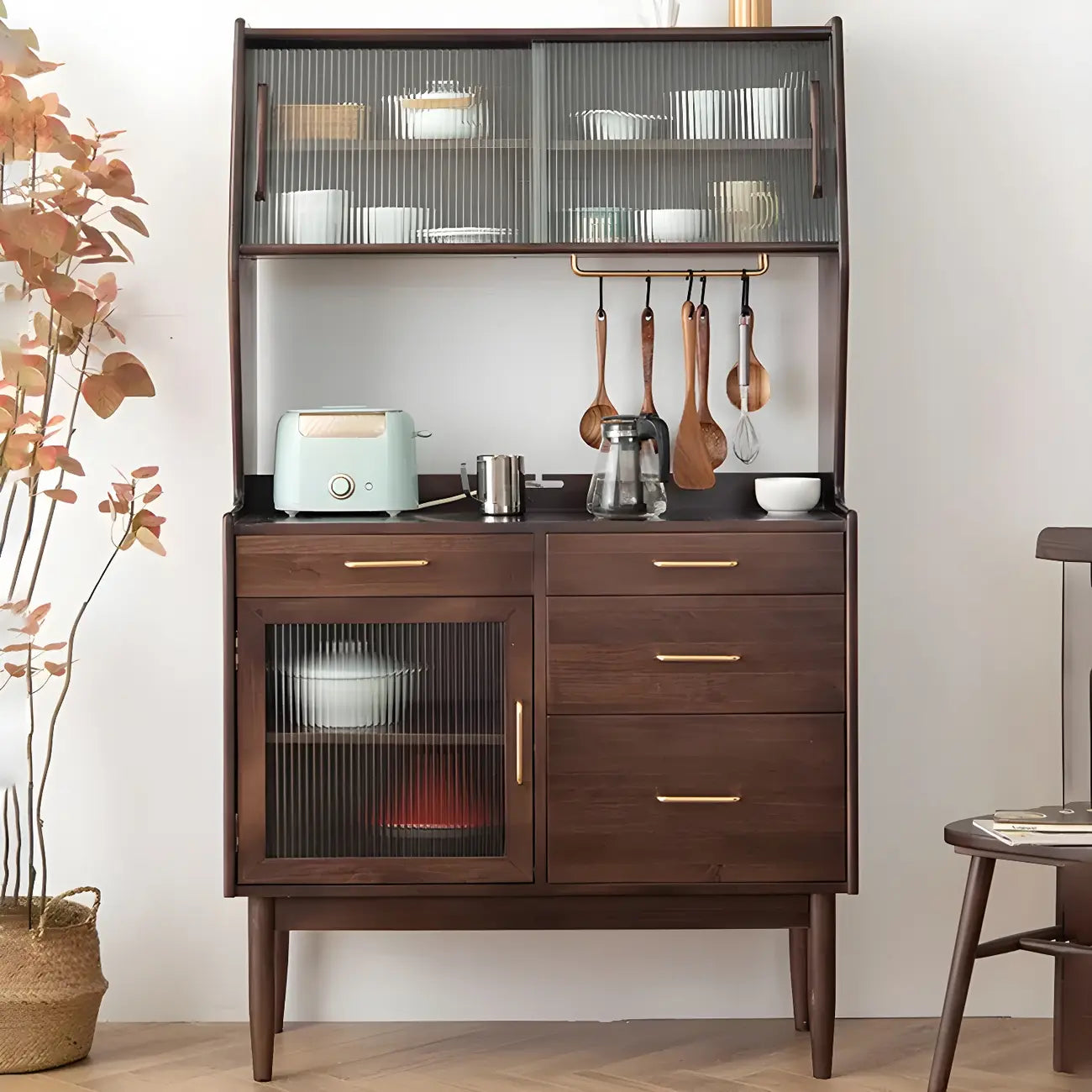Cherry Wood Open Storage Kitchen Hutch Cabinet