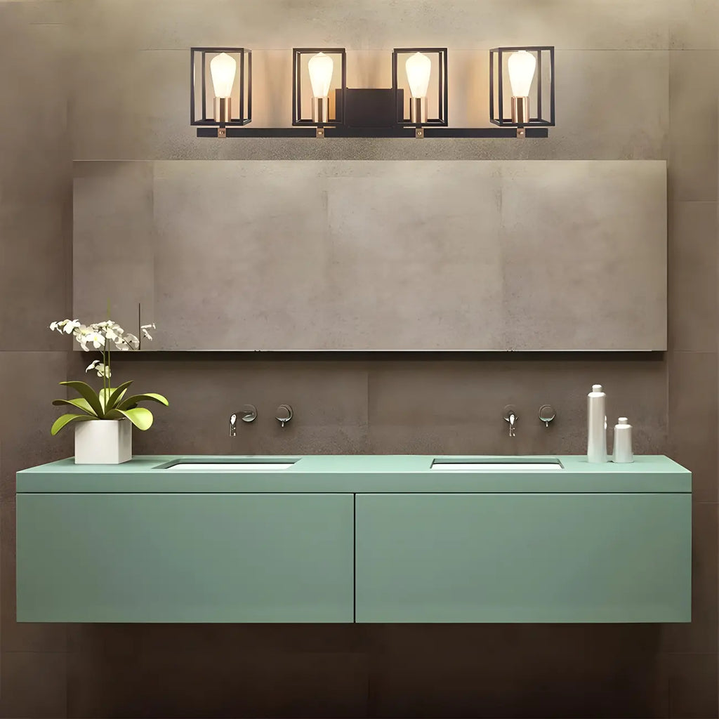 3-Light Linear Cube Black Iron Caged Vanity Light