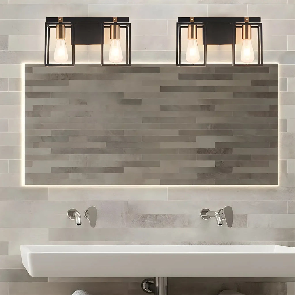 3-Light Linear Cube Black Iron Caged Vanity Light