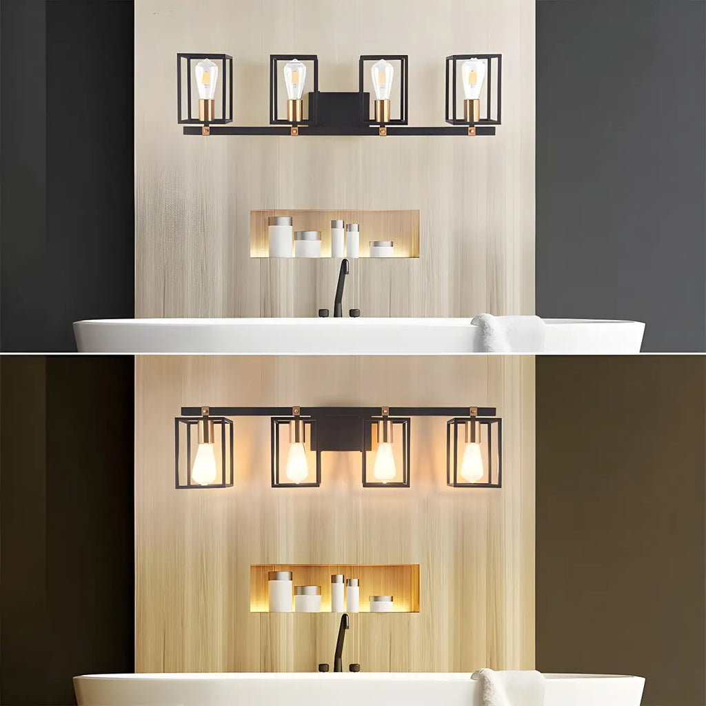 3-Light Linear Cube Black Iron Caged Vanity Light