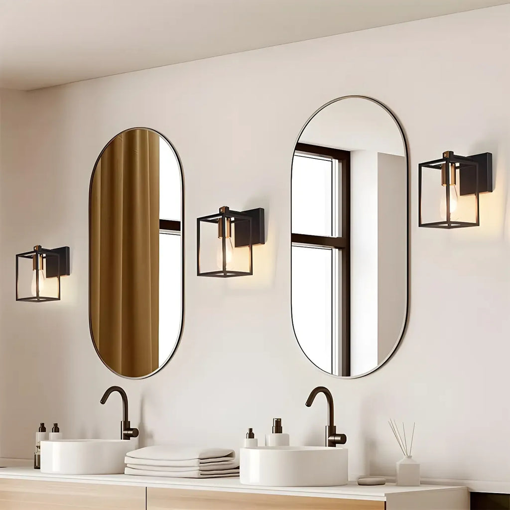 3-Light Linear Cube Black Iron Caged Vanity Light