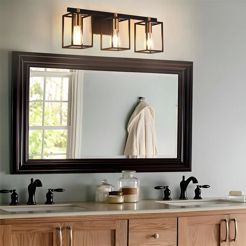 3-Light Linear Cube Black Iron Caged Vanity Light