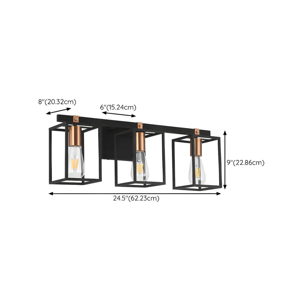 3-Light Linear Cube Black Iron Caged Vanity Light
