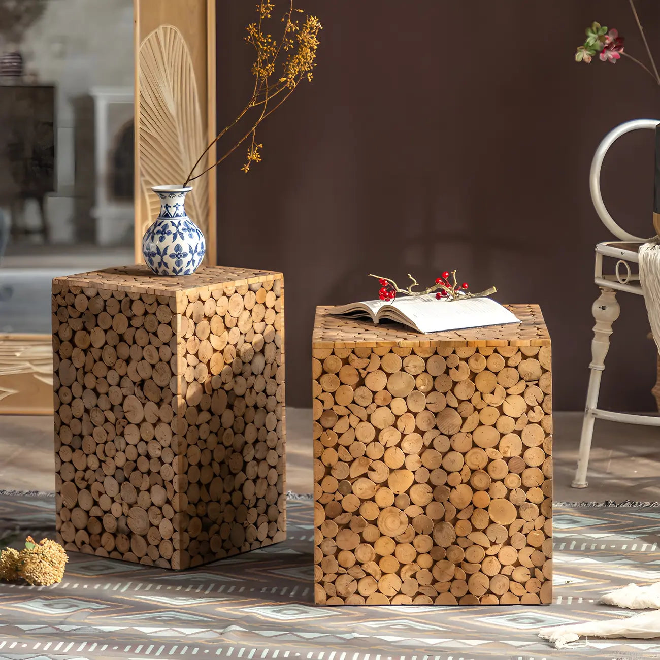 Rustic Solid Wood Square End Table For Living Room