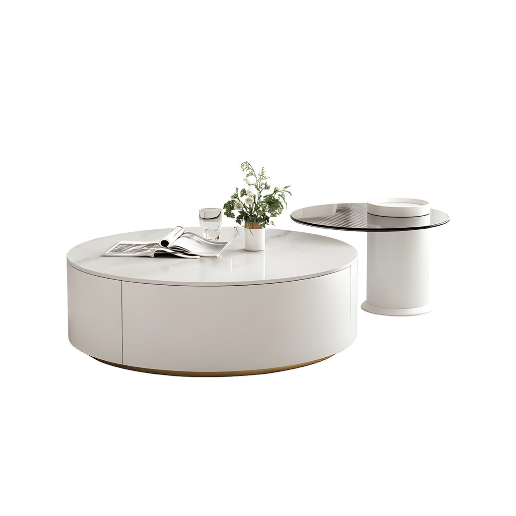 Slate Top White Round Modern Wood Drawer Coffee Table