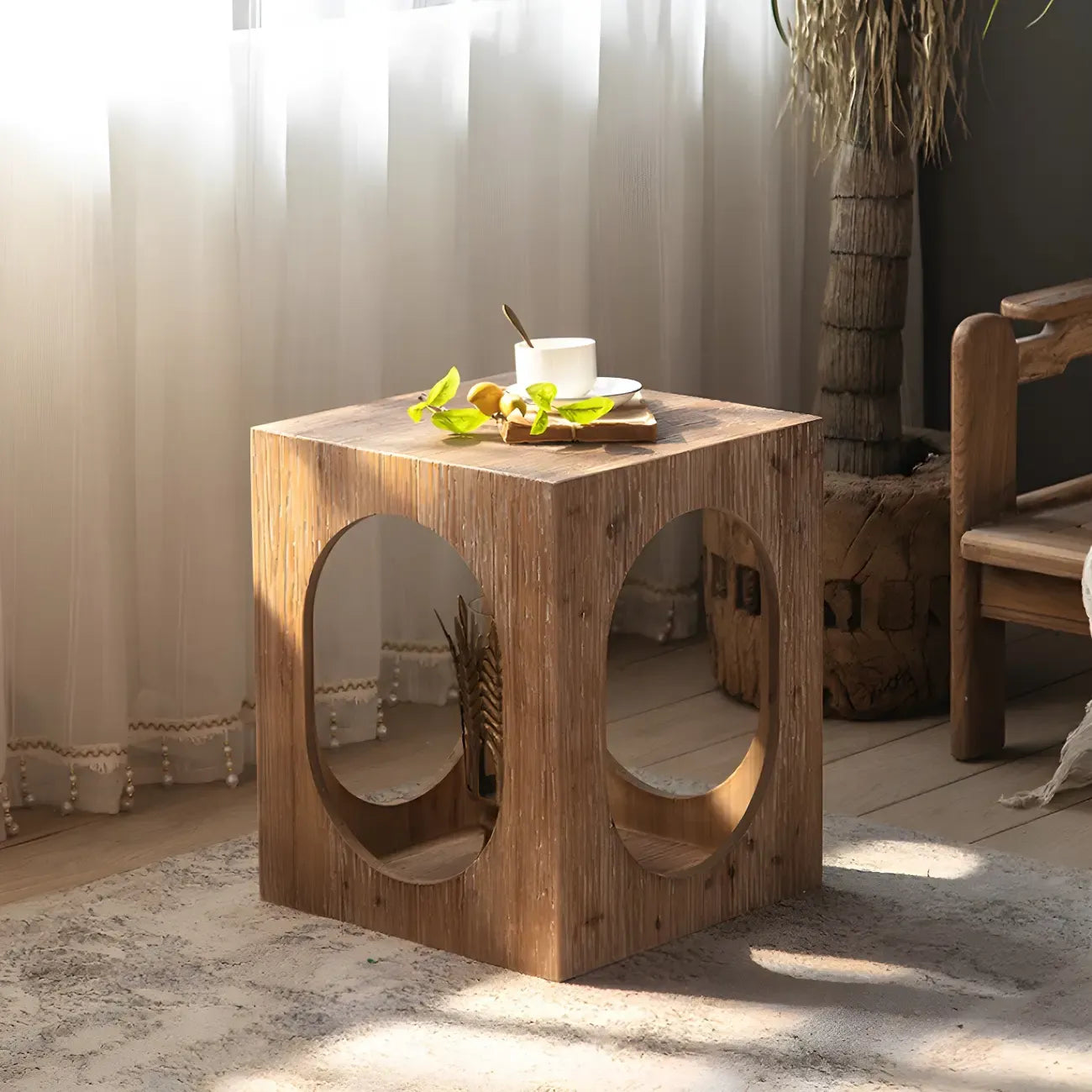 Rustic Square Distressed Wood Side Table with Open Storage