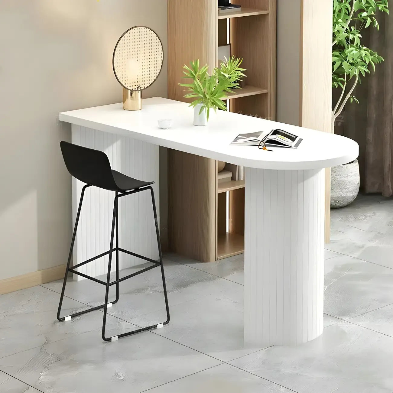 Modern White Free Form Wood Ribbed Metal Bar Tables