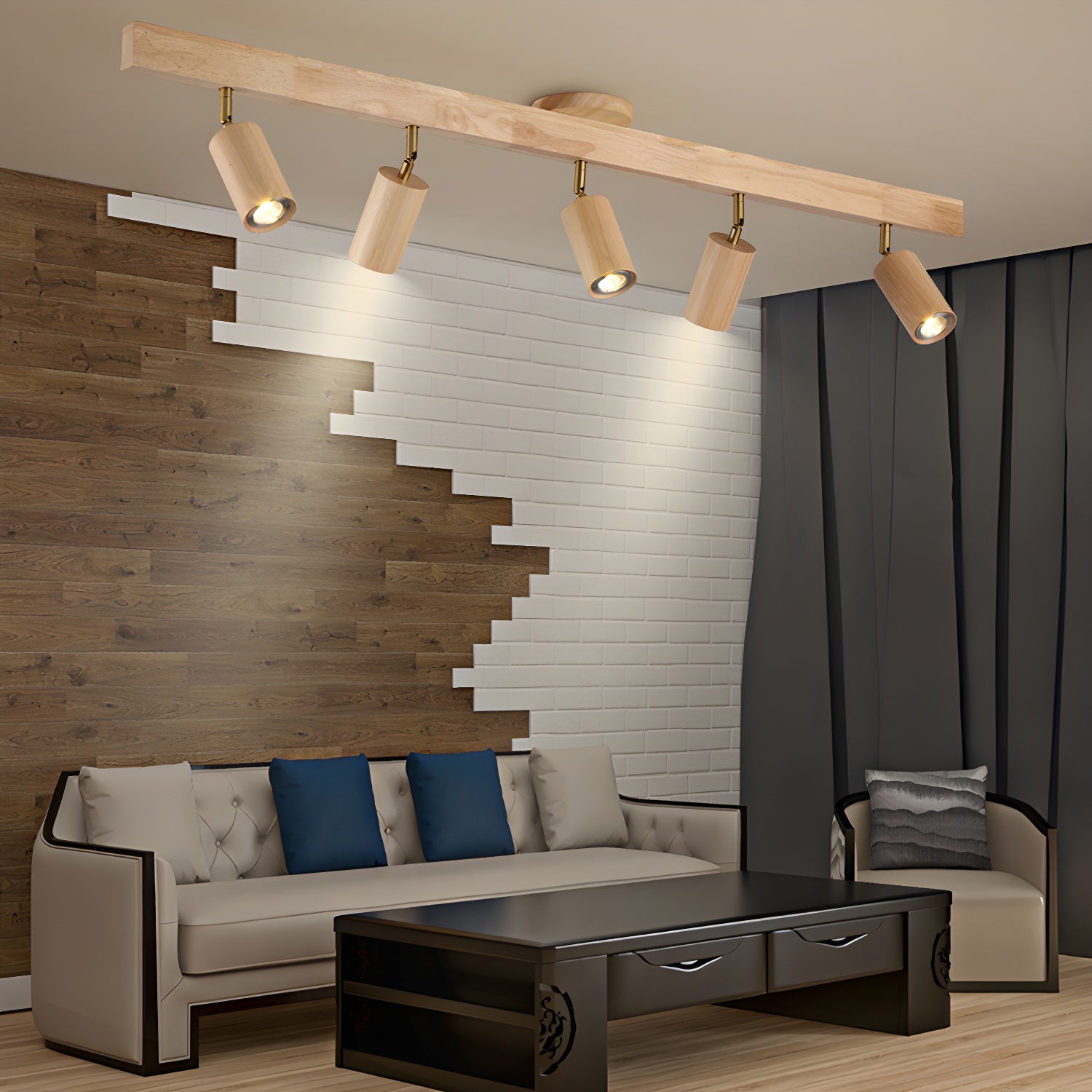 5-Light Wood Track Spotlight Adjustable Semi Flush Mount Ceiling Light