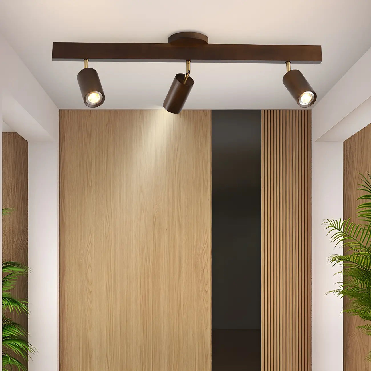 5-Light Wood Track Spotlight Adjustable Semi Flush Mount Ceiling Light