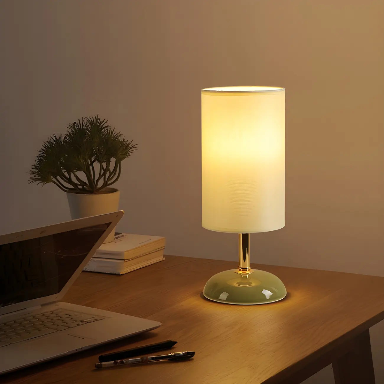 Simple White Cylindrical Fabric Shade LED Ceramic Table Lamp