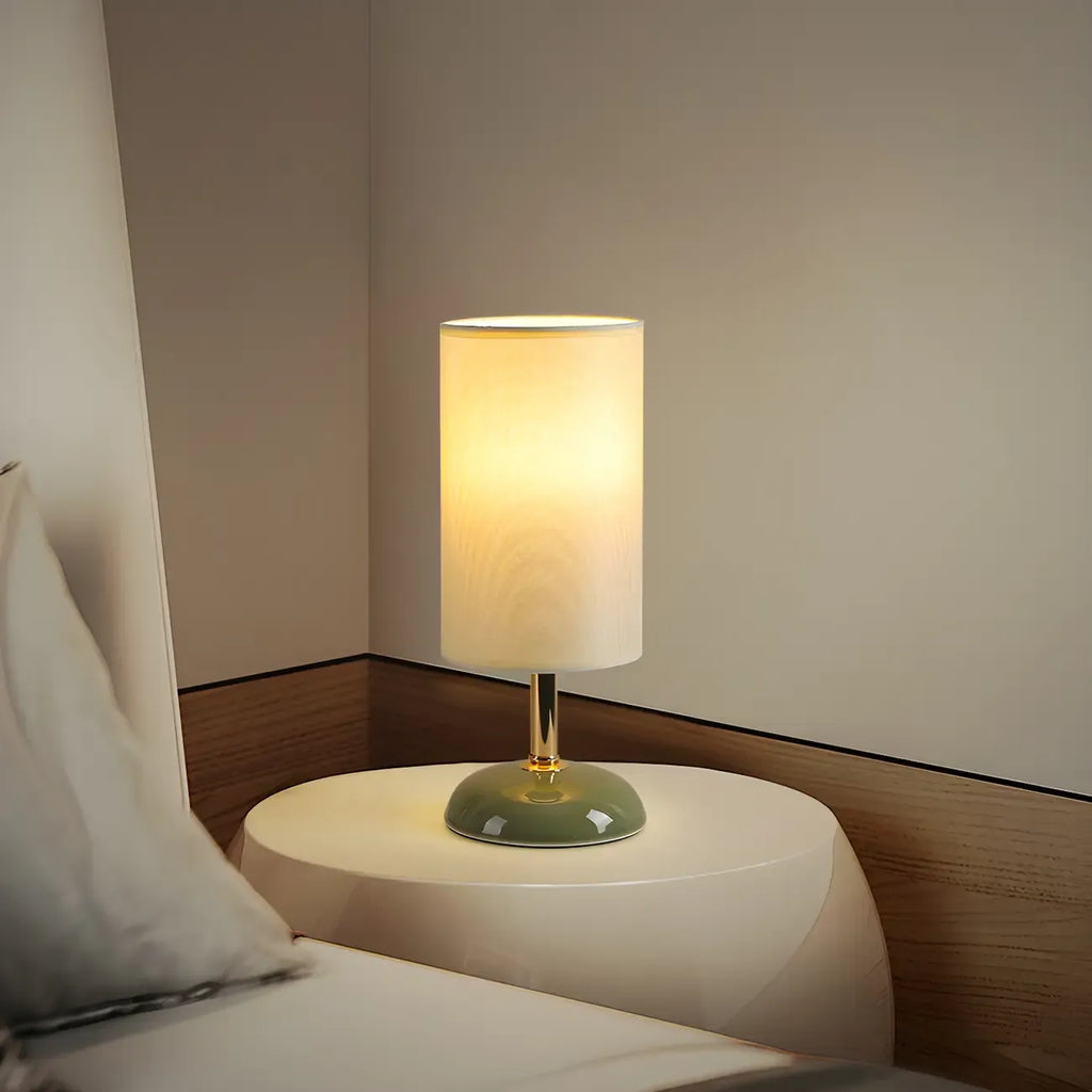 Simple White Cylindrical Fabric Shade LED Ceramic Table Lamp