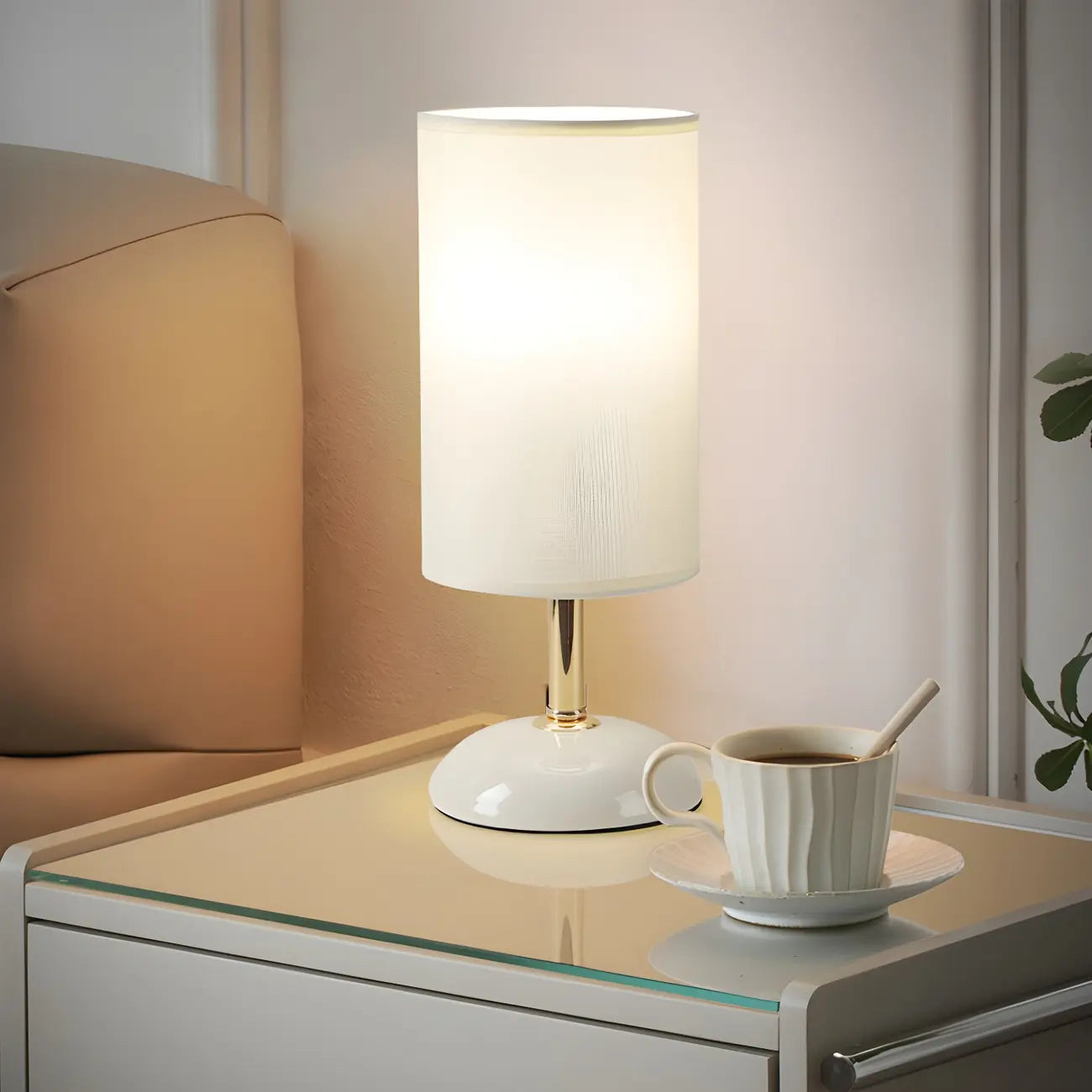 Simple White Cylindrical Fabric Shade LED Ceramic Table Lamp