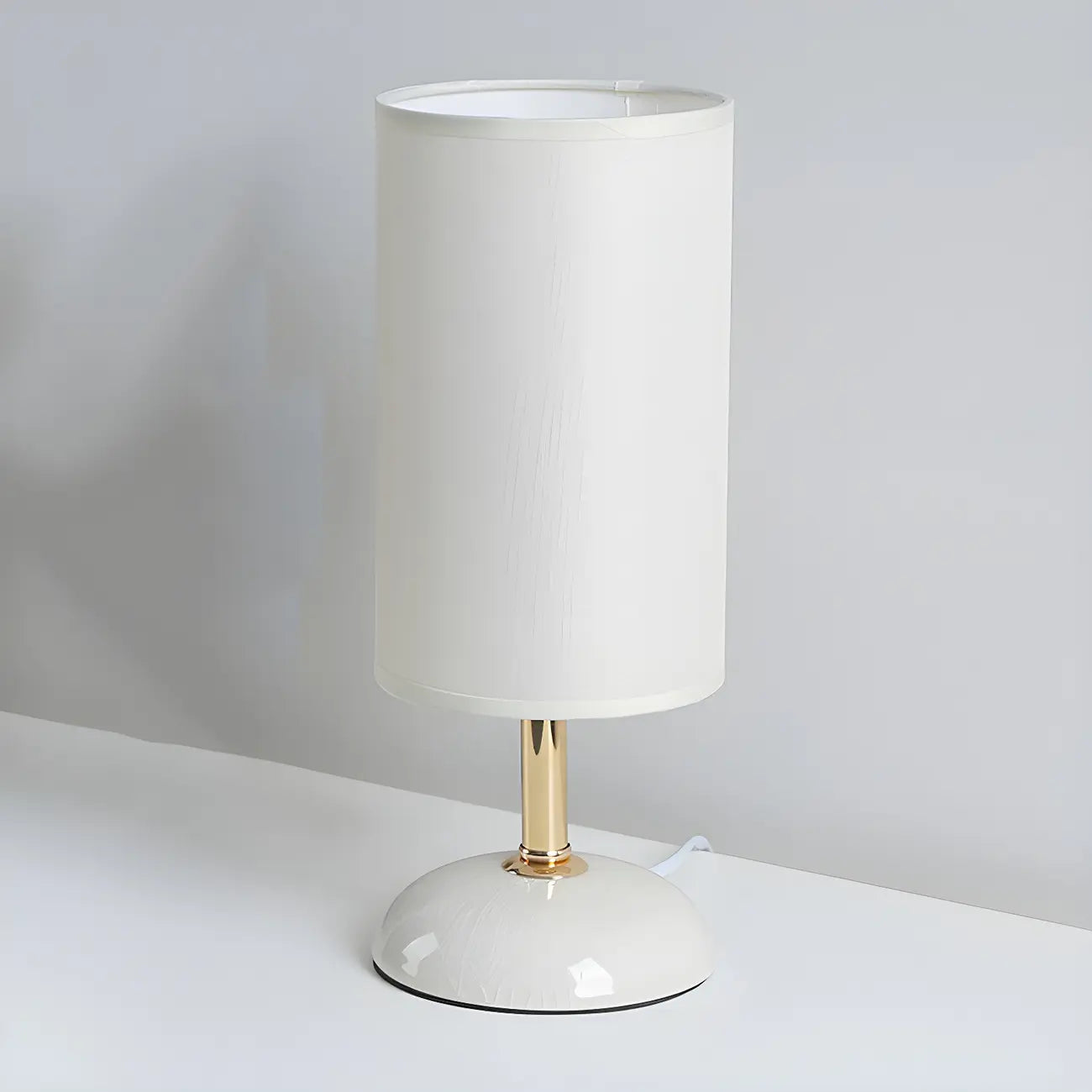 Simple White Cylindrical Fabric Shade LED Ceramic Table Lamp