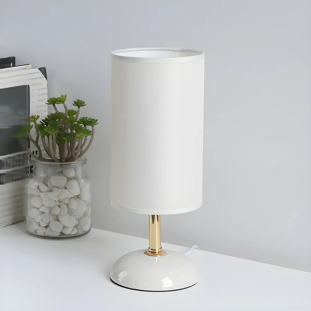Simple White Cylindrical Fabric Shade LED Ceramic Table Lamp