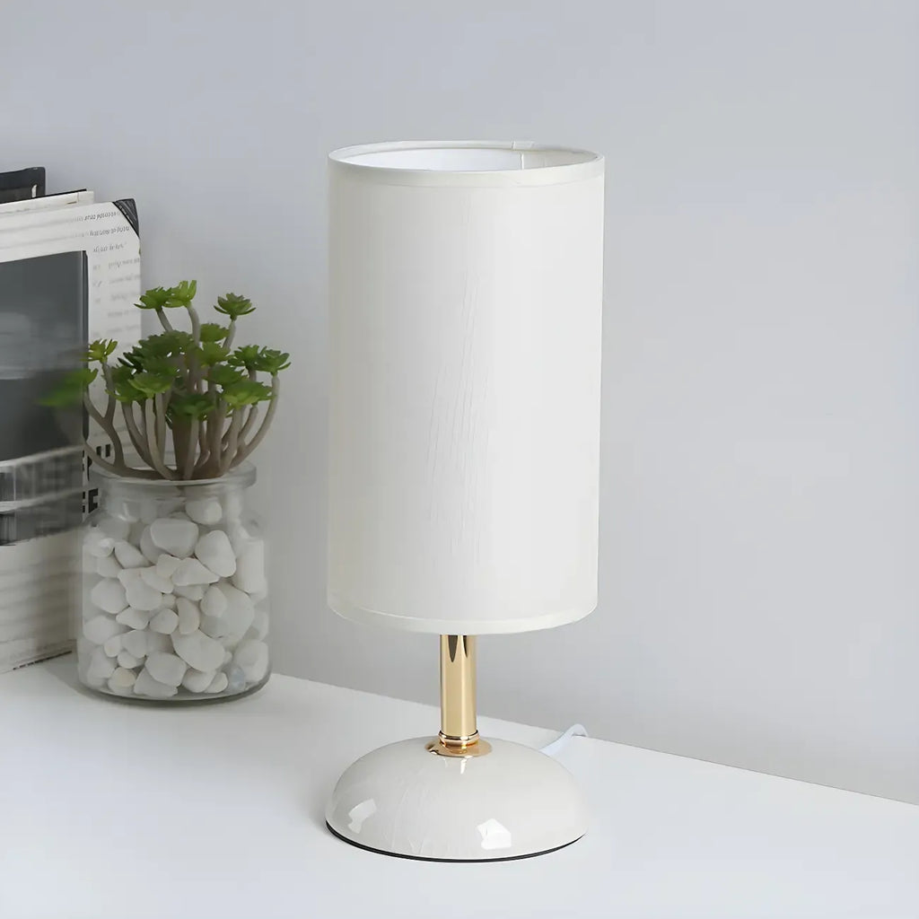Simple White Cylindrical Fabric Shade LED Ceramic Table Lamp