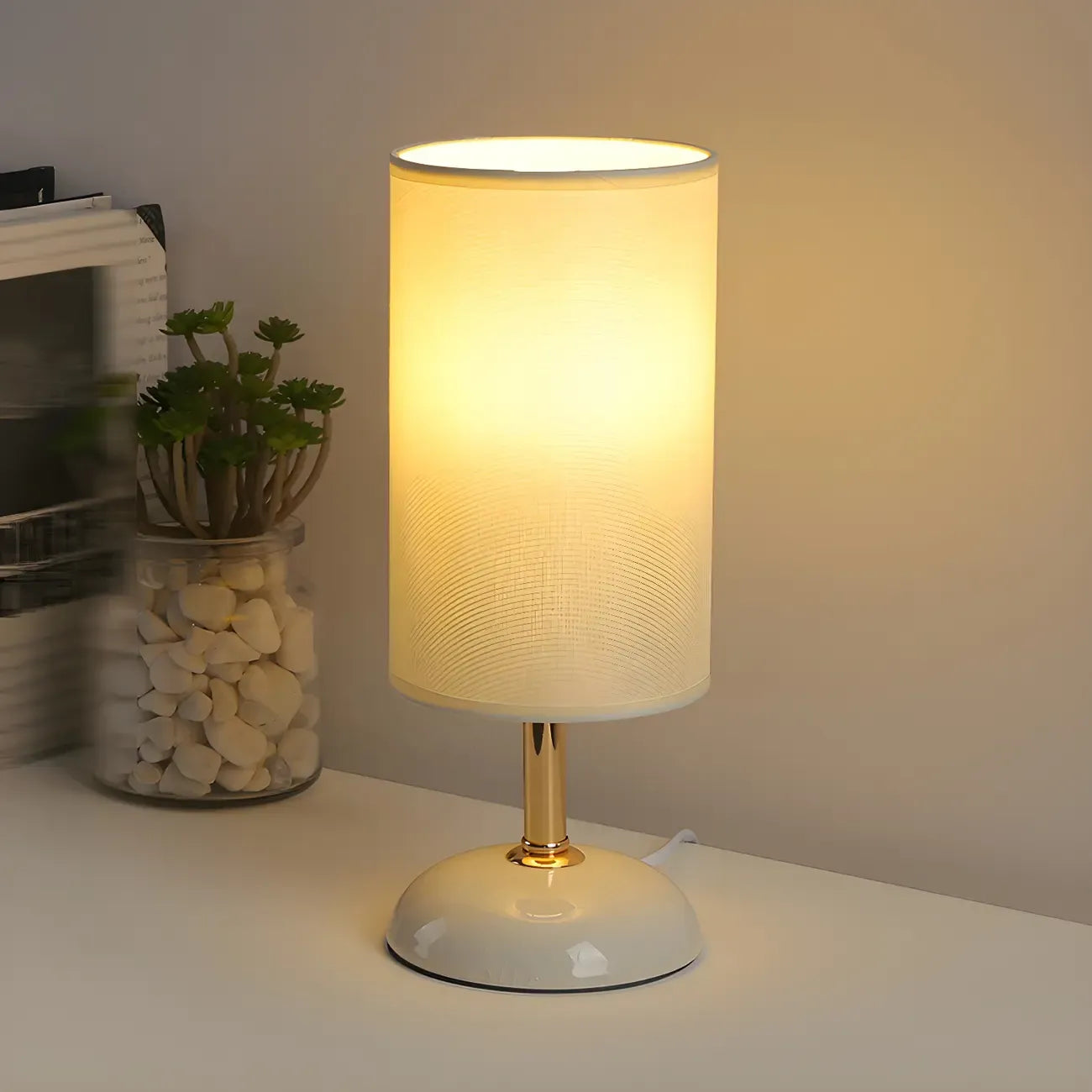 Simple White Cylindrical Fabric Shade LED Ceramic Table Lamp