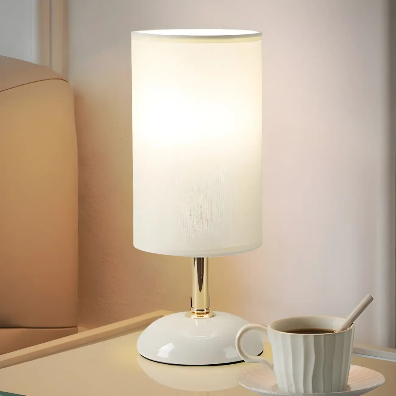 Simple White Cylindrical Fabric Shade LED Ceramic Table Lamp