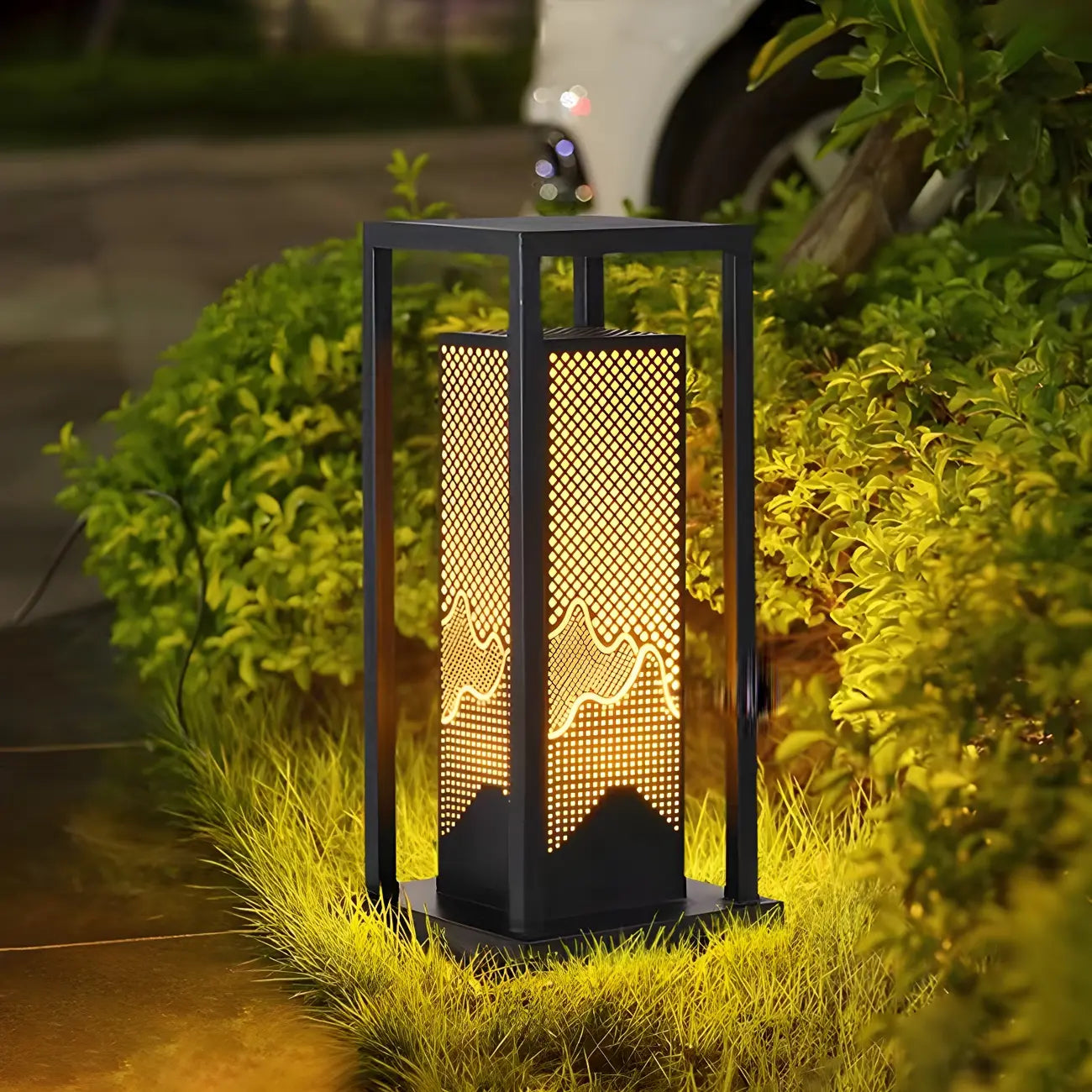 Black Metal Grid Wired Rectangle Post Cap Light