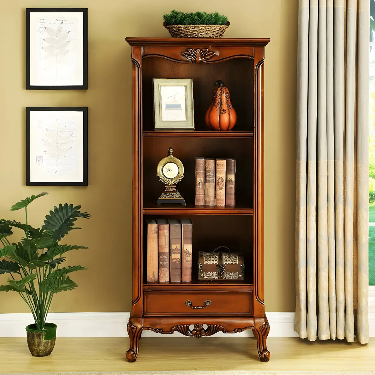 Classic Brown/White Wooden Bookcase with Drawer