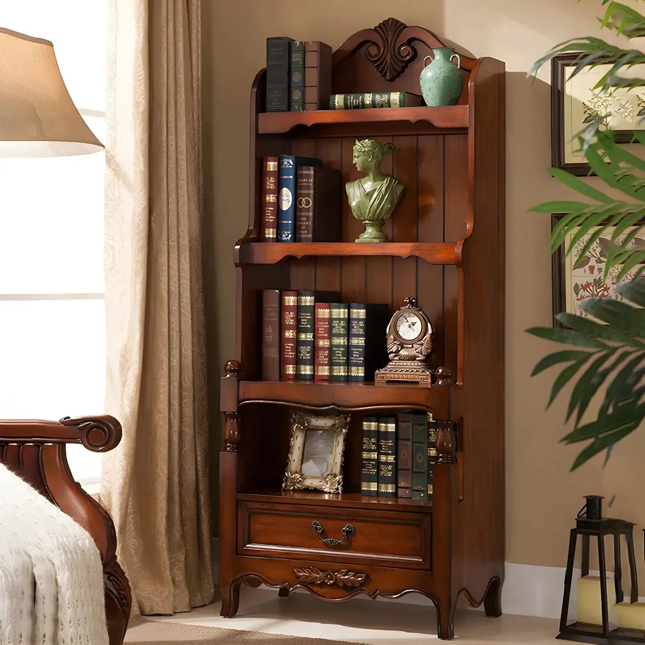 Classic Brown/White Wooden Bookcase with Drawer