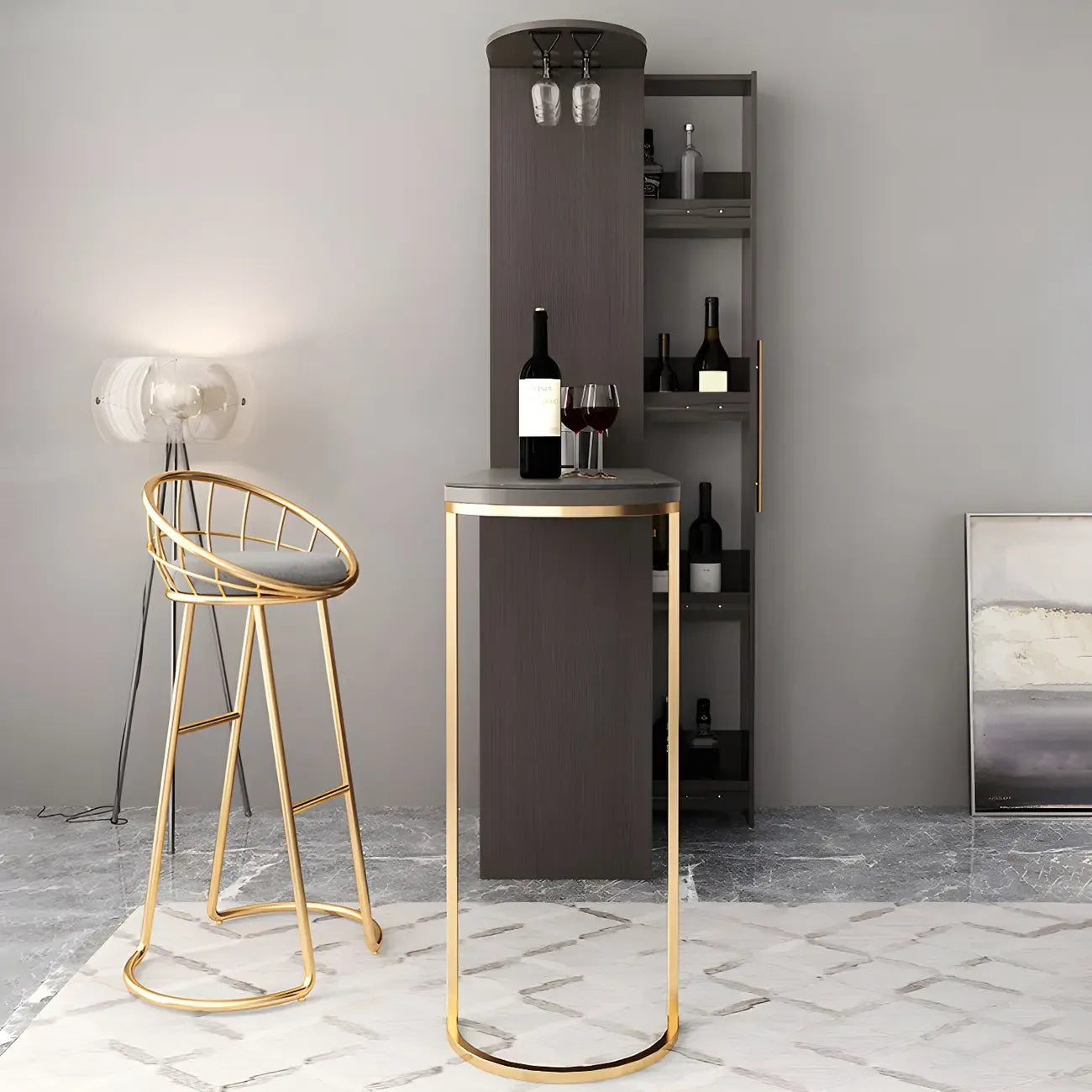 Modern Adjustable Bar Table with Wine Cabinet for Home