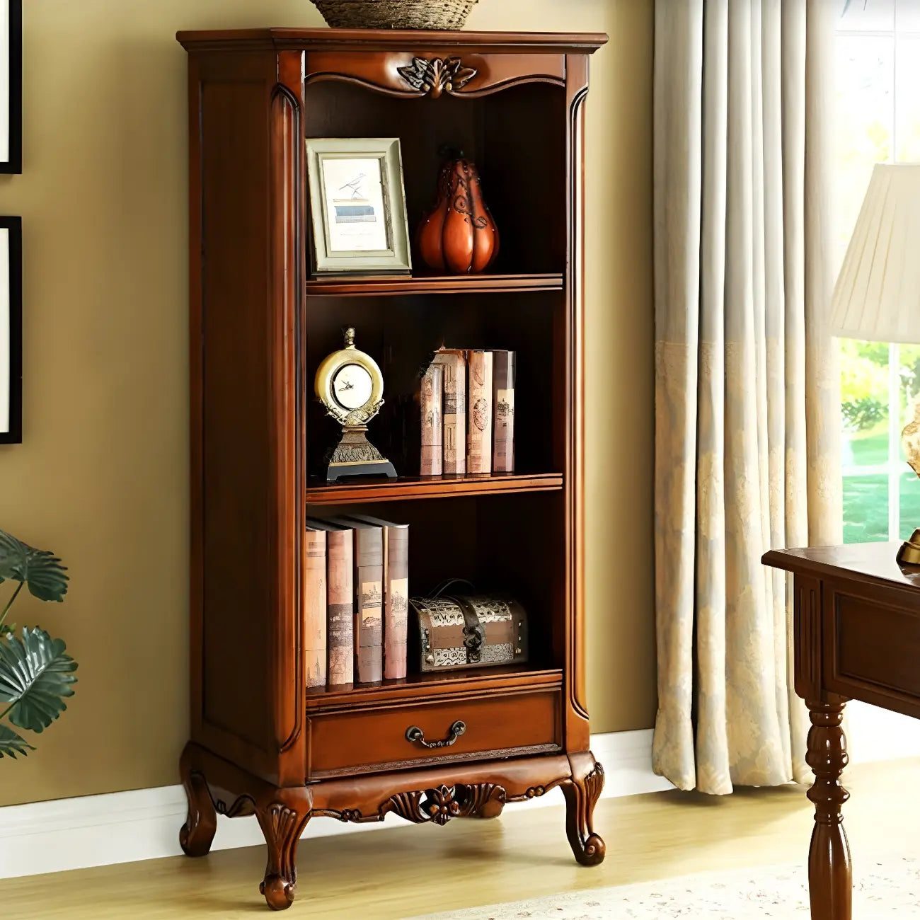 Classic Brown/White Wooden Bookcase with Drawer