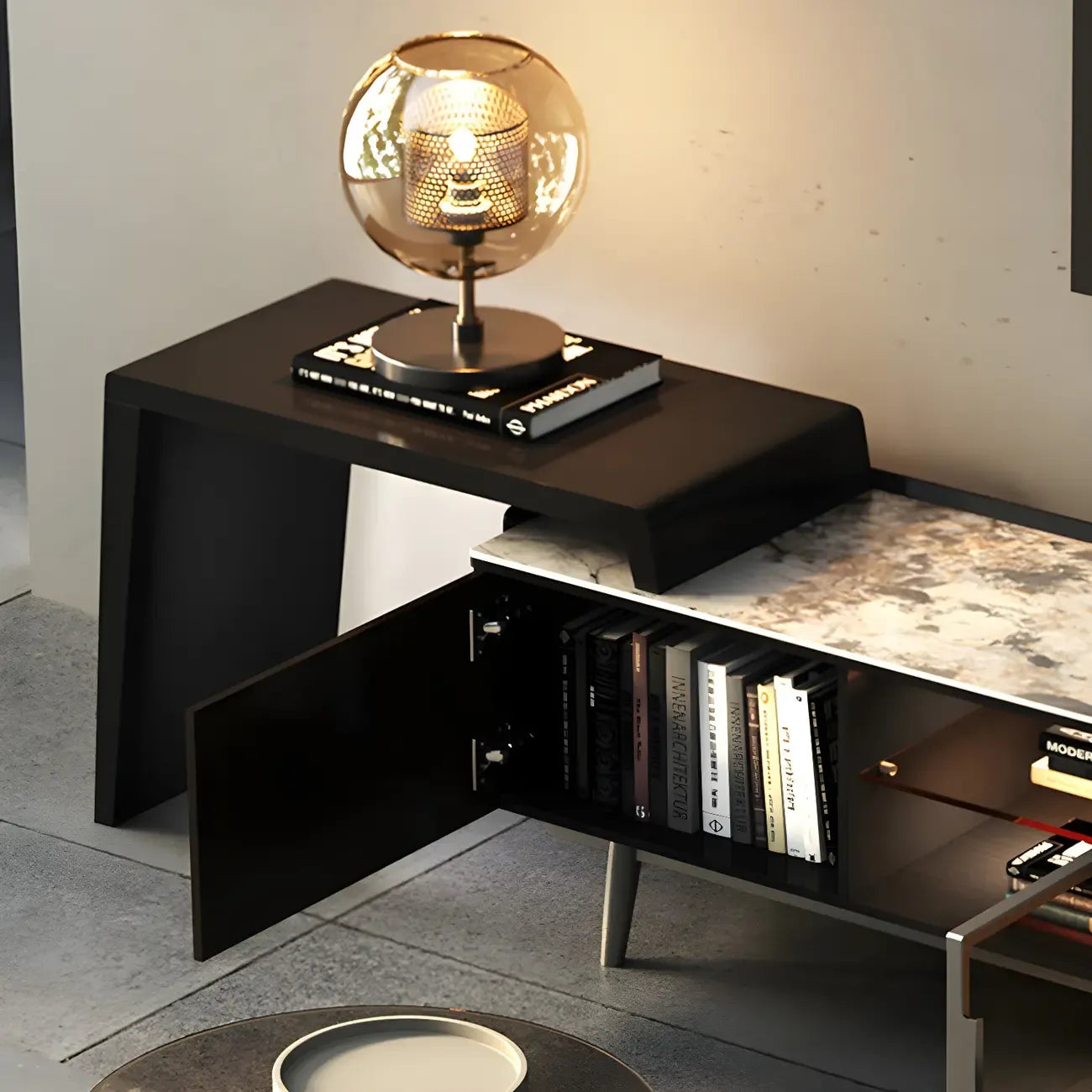 71 Black Stone Side Extension Storage TV Stand with Drawers