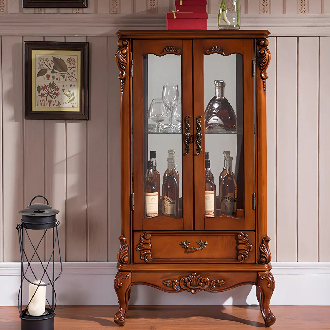 Classic Wood White Glass Door Display Cabinet with Drawer