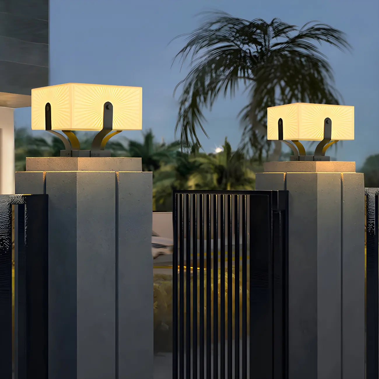 Black Elegant Bracket Post Cap Light with Beige Cubic Shade