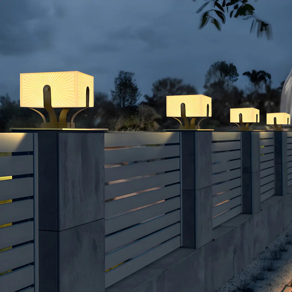 Black Elegant Bracket Post Cap Light with Beige Cubic Shade