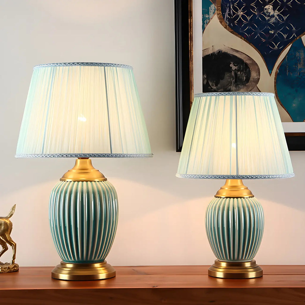 Elegant Barrel Fabric Shade Ceramic Table Lamp for Bedroom