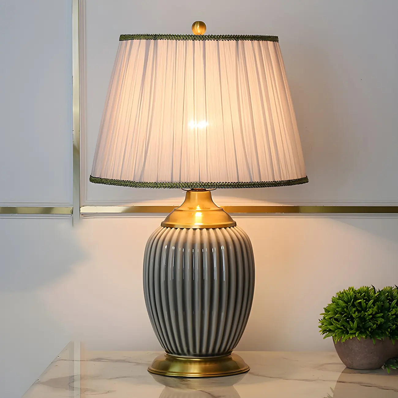 Plug-In Elegant Ceramic LED Table Lamp with Fabric Shade