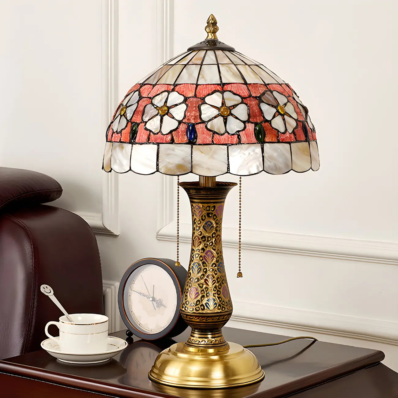 Antique Brass 2-Light Stained Glass Dome-Shape Table Lamp