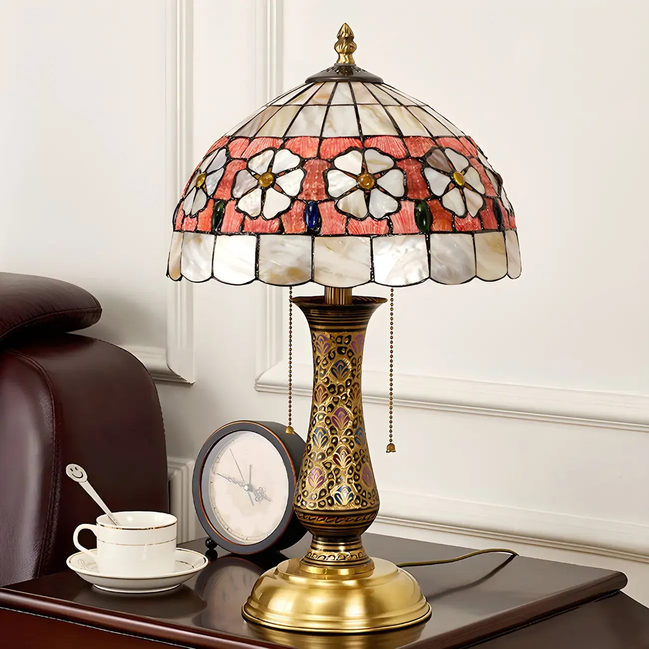 Antique Brass 2-Light Stained Glass Dome-Shape Table Lamp