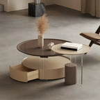 Brown Beige Elegant Round Wood Coffee Table with Storage