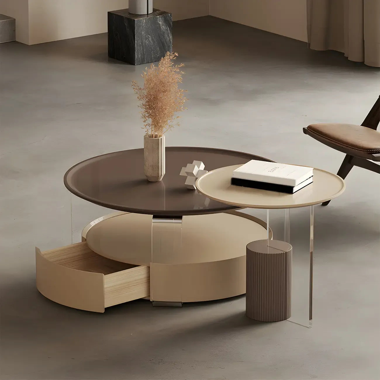Brown Beige Elegant Round Wood Coffee Table with Storage