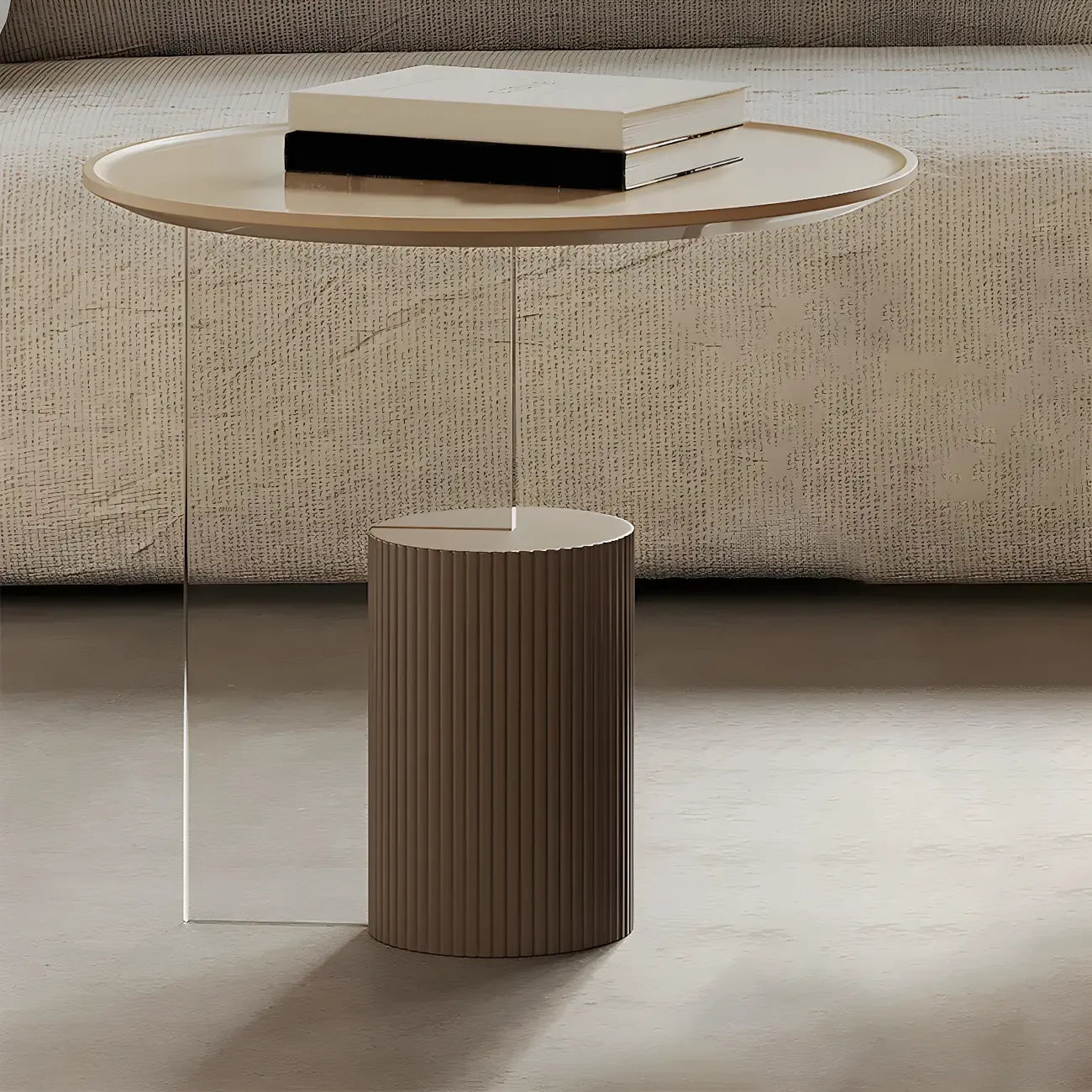 Brown Beige Elegant Round Wood Coffee Table with Storage