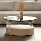 Brown Beige Elegant Round Wood Coffee Table with Storage