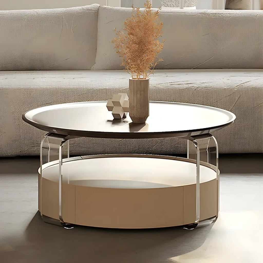 Brown Beige Elegant Round Wood Coffee Table with Storage