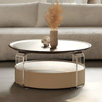 Brown Beige Elegant Round Wood Coffee Table with Storage