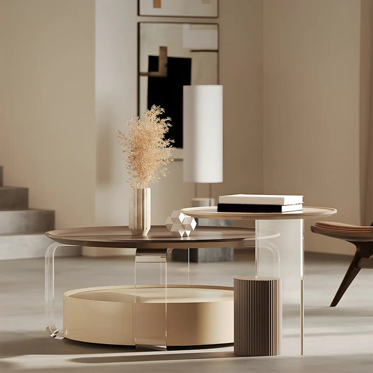 Brown Beige Elegant Round Wood Coffee Table with Storage