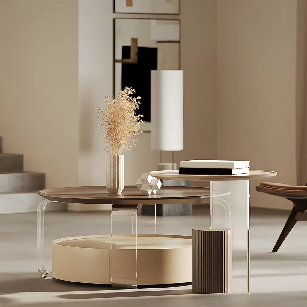 Brown Beige Elegant Round Wood Coffee Table with Storage