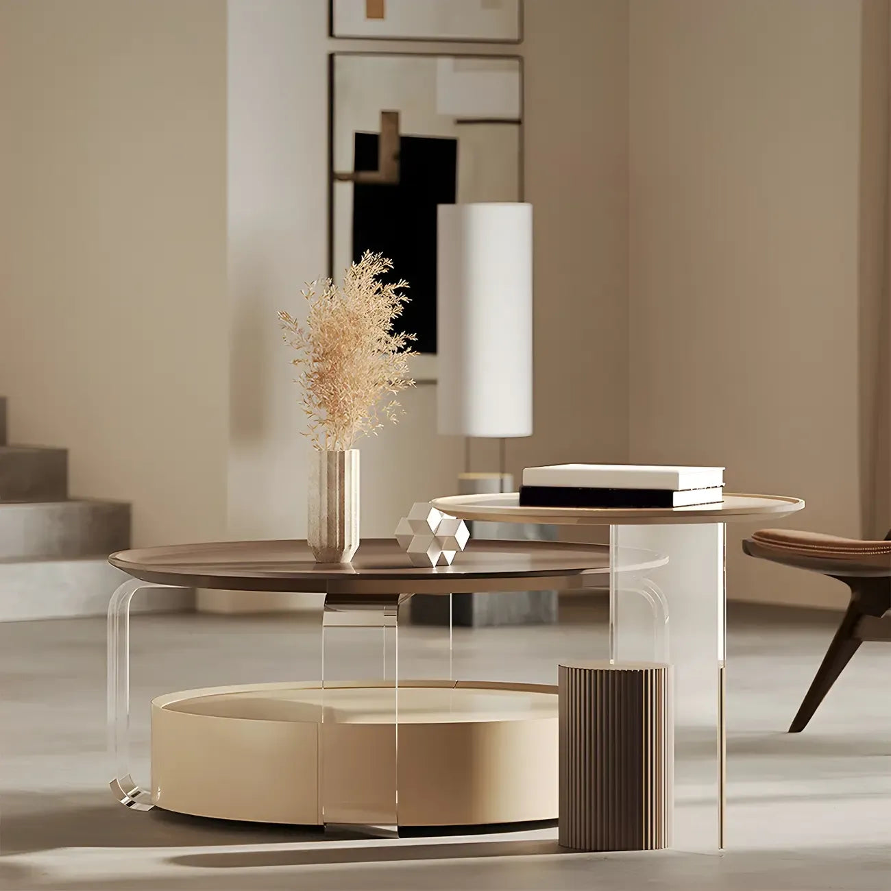Brown Beige Elegant Round Wood Coffee Table with Storage
