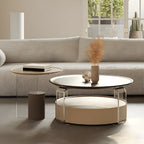 Brown Beige Elegant Round Wood Coffee Table with Storage