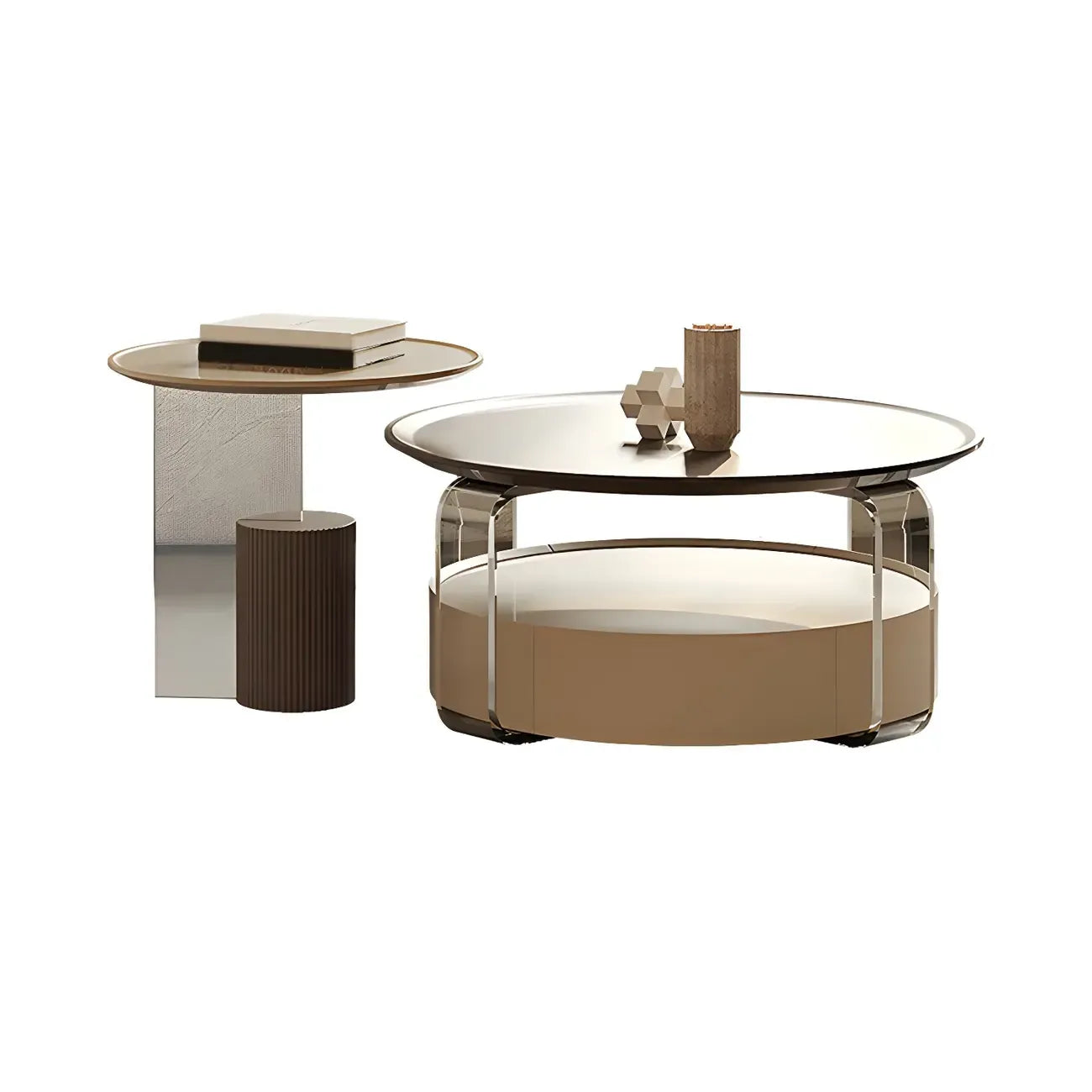Brown Beige Elegant Round Wood Coffee Table with Storage