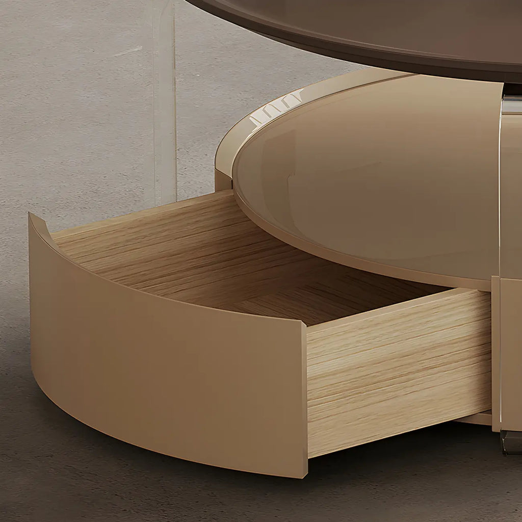 Brown Beige Elegant Round Wood Coffee Table with Storage